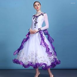 Stage Wear Standard Ballroom Dance Dress Long Sleeve Waltz Competition Costumes V Neck Fluffy Hemline Tango Rumba