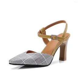 Sandals Mstyle Handmade Closed Toe Slingback Women Mid Heel Rhinestone Buckle Checker Elegant Summer Party Dress Pumps Shoes