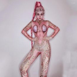 Stage Wear Pink Rhinestones Jumpsuit Sexy Party Festival Outfit Women Nightclub Dj Gogo Dancer Costume Rave Clothing XS6000