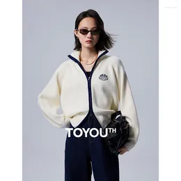 Women's Knits Toyouth Women Sweater Jacket 2024 Autumn Long Sleeve High Collar Loose Zipper Knit Cardigan Vintage Unique Casual White Tops