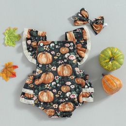 Rompers CitgeeSummer Halloween Infant Baby Girl Outfits Ruffle Sleeve Pumpkin Print Romper Headband Set Clothes