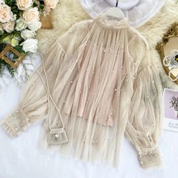 Plus Size Women Top lantern Sleeve Autumn Spring Blouse Beading Elegant Blouse Chiffon lace Pearl Shirt 240126