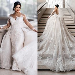 Luxury Mermaid Overskirts Wedding Dresses Long Sleeve Feather Bridal Gowns Lace Appliqued Modest robes de mariee