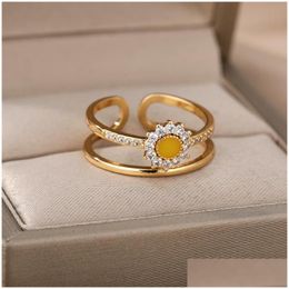 Cluster Rings Zircon Opal Sunflower For Women Open Adjustable Stainless Steel Gold Sier Color Finger Ring Couple Jewelry Anillos Drop Dhwvi