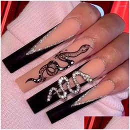 False Nails 24Pcs Black Fake Bevelled Long French Snake Pattern Wearing Art Finished Fashion Press On Nail Charms Kit Drop Delivery Hea Ot9Gw