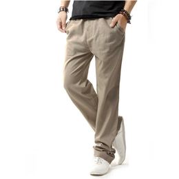 Feiyao Summer Linen Long Pants Mens Thin Loose and Breathable Large Size Casual Cotton Elastic Belt Straight Tube