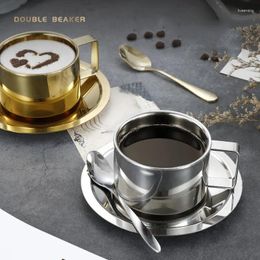 Cups Saucers 200ml Stainless Steel Coffee Cup And Dish Set European Simple Double Layer Insulation Drinking Milk Plate