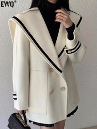 EWQ Vintage Contrast Colour Striped Double Breasted Big Lapel Cashmere Wool Coats Loose Woollen Jacket Autumn 16U555612 240124