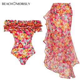 2024 Vintage Off Shoulder Printed Onepiece bikini set Swimsuit and Sarong Summer Swimwear Women Beachwear Bathing suit 240125