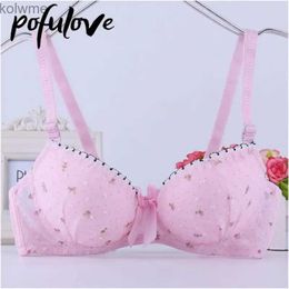 Bras Bra for Teenage Girl Lolita Style Pink Push Up Bras Floral Lace Underwear Cute Sweet Bralette with Underwire Gathered Brasieres YQ240203