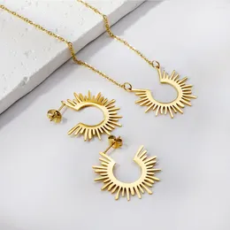 Necklace Earrings Set Women Hoop Gold Open C Shape 14K Plated Filled Small Simple Hypoallergenic Everyday Stainless Steel