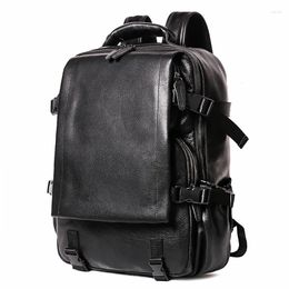 Backpack Men Women Daypack Genuine Cow Leather 15.6 Inch Laptop Multi Pockets Schoolbag Boy Girl Rucksack Shoulder Bag