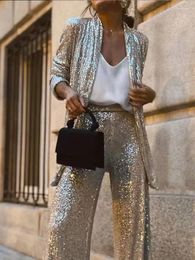 Women's Two Piece Pants Sexy Sequins Suit Women Fashion Flare Long Sleeve Casual Silver Female 2 Set 2024 High Waist Street Ladies Suits