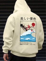 Men's Hoodies Plum Blossoms Waves Sunset Harajuku Printing Mens Hoodie Japanese Style Fleece Clothes Male Comfortable Street Hoody Hip Hop