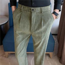 Men's Pants Elastic Waistband Striped Thickened Suit Corduroy Casual Dark Green Fashionable Cropped 2024