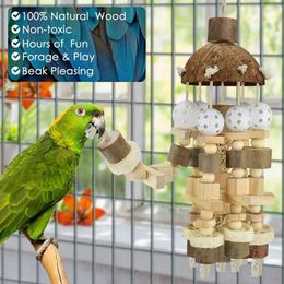 Other Bird Supplies Parrot Hanging Coconut Shell Wooden Blocks String Chew Toys Cage Accessories