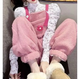 Women's Pants 2024 Solid Pink Kawaii Fleece Overalls Christmas Holiday Year Flower Loose