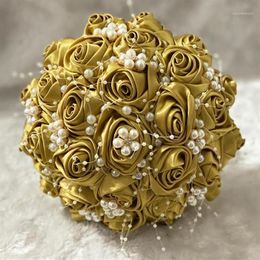 Decorative Flowers & Wreaths Handmade Wedding Bridal Beaded Holding Bouquet Diamond Pearl Bridesmaid Cute Gold Mariage With Lace W280o