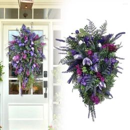 Decorative Flowers Purple Tulip Flower Wreath Spring Artificial Reed Mist Grass Leaf Garland Front Door Wall Home Decoration Wedding