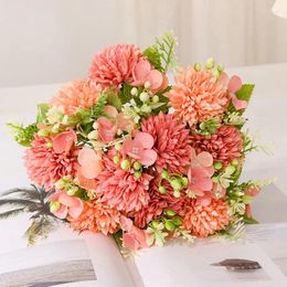 Decorative Flowers Pink Artificial Hydrangea Bridal Bouquet In Vase On Wedding Table Decoration Autumn Silk Flower Fake Plant