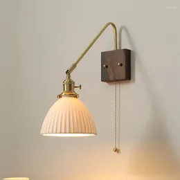 Wall Lamp Nordic Modern Copper Beside Pull Chain Switch Walnut LED Bulb Ceramic Lampshade Applique Murale Wandlamp