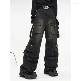 Jeans da uomo 2024 multitasche vintage americani a gamba larga Harajuku pantaloni dritti a vita alta neri larghi da strada