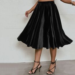 Plus Size High Elastic Waist Velvet Skirt Women Solid Black Spring Autumn Midi Party Skirt A-line Flare Skirt Large Size 6XL 7XL 240126