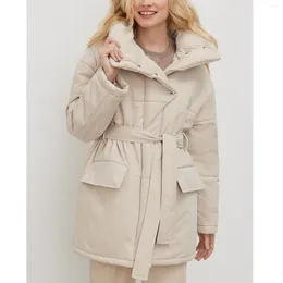 Women's Trench Coats Medium Length Winter Coat For Women Standing Collar Button With Belt Irregular Parka Monochrome Casual Warm