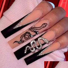 False Nails 24Pcs Black Fake Bevelled Long French Snake Pattern Wearing Art Finished Fashion Press On Nail Charms Kit Drop Delivery Hea Otqws