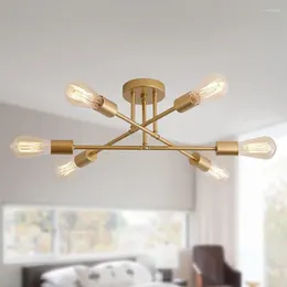 Chandeliers Gold Modern Sputnik Chandelier Ceiling Light Fixtures 6-Lights Industrial Metal Semi Flush Mount For Bedroom