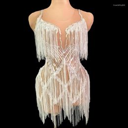 Stage Wear Shining Silver Sequins Fringes Dress Sexy Mesh See Through Tassel Dance Costume Birthday Performance Show