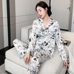 Women's Sleepwear Ice Silk Satin Surface Pyjamas Spring Autumn Women Long Sleeve Luxury Cardigan Homewear Suit High-Grade Thin Casual