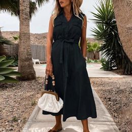 Casual Dresses Summer Pocket Denim Midi Dress Women Turn Down Collar Sleeveless Lace Up Long A-Line Loose Buttoned Shirt