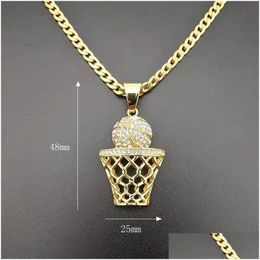 Pendant Necklaces Hip Hop Rhinestones Paved Bling Iced Out Gold Stainless Steel Basketball Basket Pendants Necklace Men Rapper Jewelr Dh80T