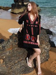 Casual Dresses KHALEE YOSE Boho Floral Embroidery Summer Dress Loose Black Cotton Long Sleeve V-neck Women Vocation Ladies Vestidos