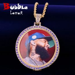 Necklaces Bubble Letter Men Necklace Custom Photo Chain Picture Personalized Pendant Purple Stones Real Gold Plated Hip Hop Jewelry