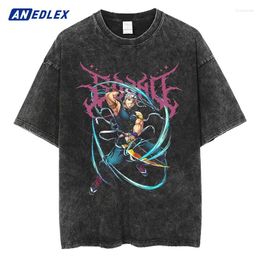 Men's T Shirts Summer Casual Loose Cotton Anime Graphic Shirt Cartoon Oversized T-Shirt Hip Hop Streetwear Men Washed Vintage Black Tshirt