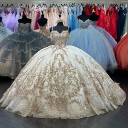 Glitter Quinceanera Dress Off The Shoulder Appliques Lace Beads For 15 Girls Ball Formal Gowns Sweet 16 Dress Lace-up Prom Robe De