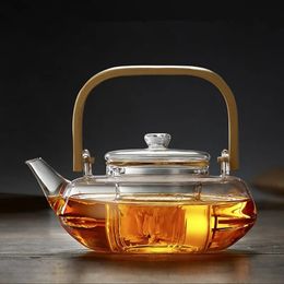Glass Teapot Heat-Resistant Borosilicate Boiling Thickened Bamboo Handle Household Tea Set WF 240124