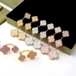 Fashion Brand Clover Diamond Earrings Luxury Crystal Full Diamond Three Flower Earrings Gift Stainless steel High Quality 18k Gold Designer Earrings for Women