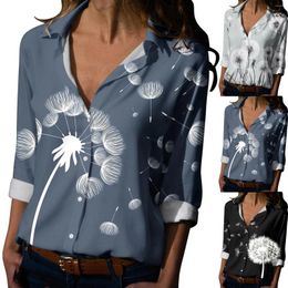 Women's Blouses Dandelion Print Women Tops 2024 Spring Elegant Long Sleeve V-Neck Button Up Shirt Female Work Loose Shirts Chemise Femme
