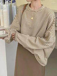 Women's T Shirts Coffee Stripes Cotton T-Shirts Women Loose-Fitting Autumn 2024 Lady Casual Full Sleeve Chic All Match Tops
