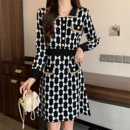 Casual Dresses Autumn Winter Elegant Fashion Bow Sweater Dress Women's Knitting Robe Femme Long Sleeve Mini Office Lady Vintage Vestidos