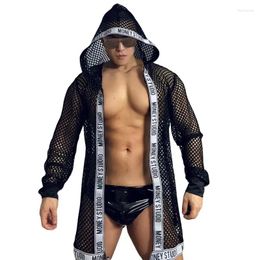 Stage Wear Men's Sexy Transparent Performance Black White Mesh Letter Hooded Coat Shorts Gogo Dance Costume DJ Nightclub Rave Outfits