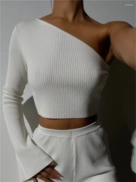 Women's T Shirts Wsevypo One-Shoulder Long Sleeve T-Shirt Chic Women Casual Skew Collar Ribbed Crop Tops 2024 Autumn Slim Fit Bottoming