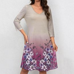 Casual Dresses Plus Size Printed Dress V-neck Flower Print Long Sleeve For Women Soft Stretchy Cocktail Party Evening