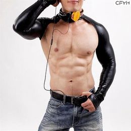 Sexy Faux Leather Sleeve Catsuit BodySuits 220D Latex Sexy Bodysuit Catsuit Body Suits Men Long Sleeve DJ Club Wear Bodies Black1263T