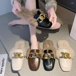 Slippers Golden Chain Wrapped Hair Drag Autumn And Winter Half Tray Flat Bottom Square Head Plus Plush Cotton