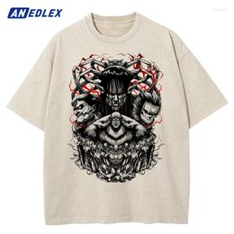 Men's T Shirts Vintage Washed Apricot T-Shirt Men Summer Japanese Anime Graphic Print Shirt Cotton Oversize Tops Tees Hip Hop Streetwear