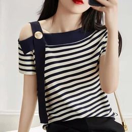 Women's Blouses Striped Ice Silk Knitted Shirt Summer Fashion Off Shoulder Design Short Sleeve Top